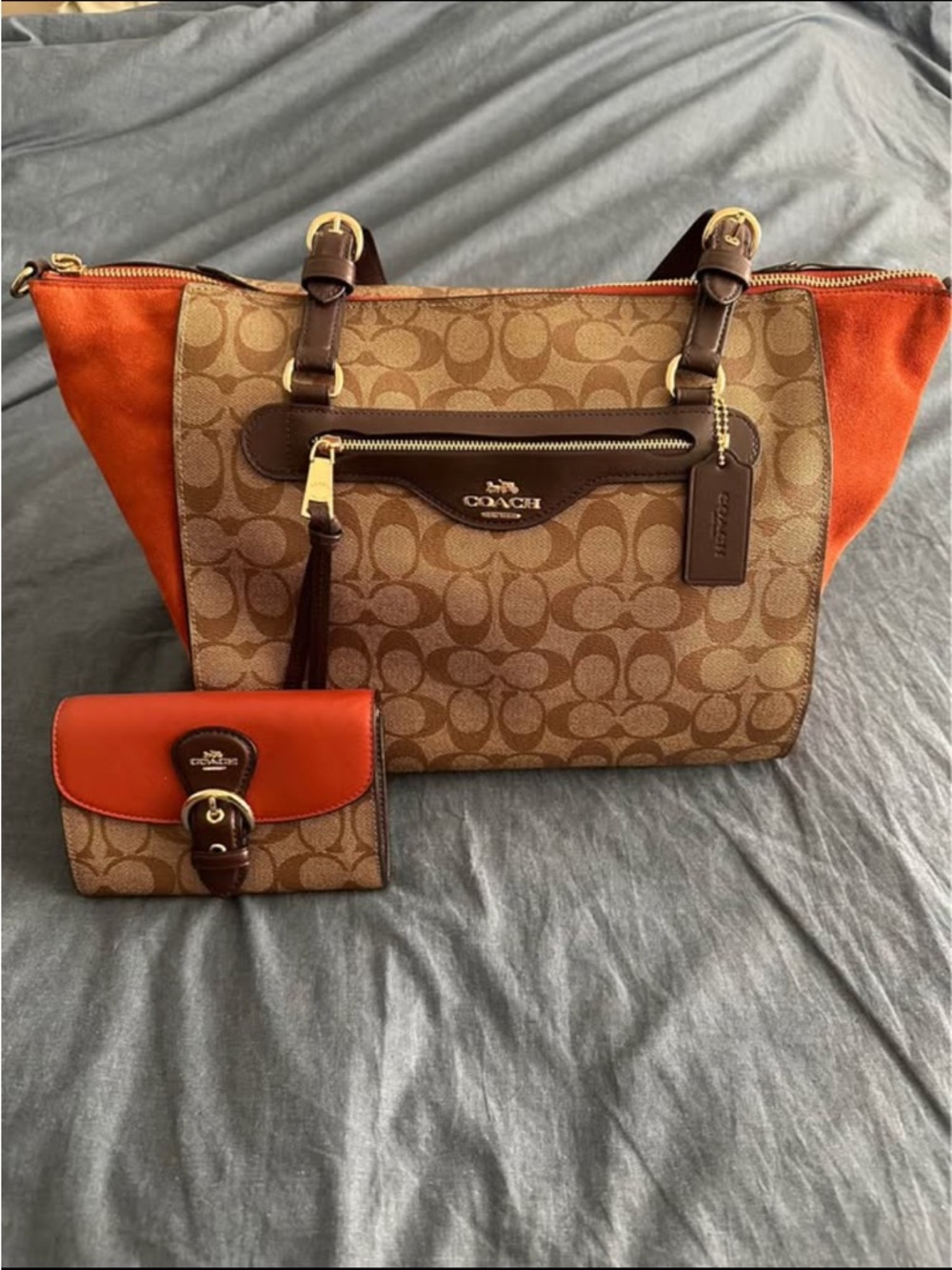 Coach Signature Canvas Tote and Wallet in Orange and Brown